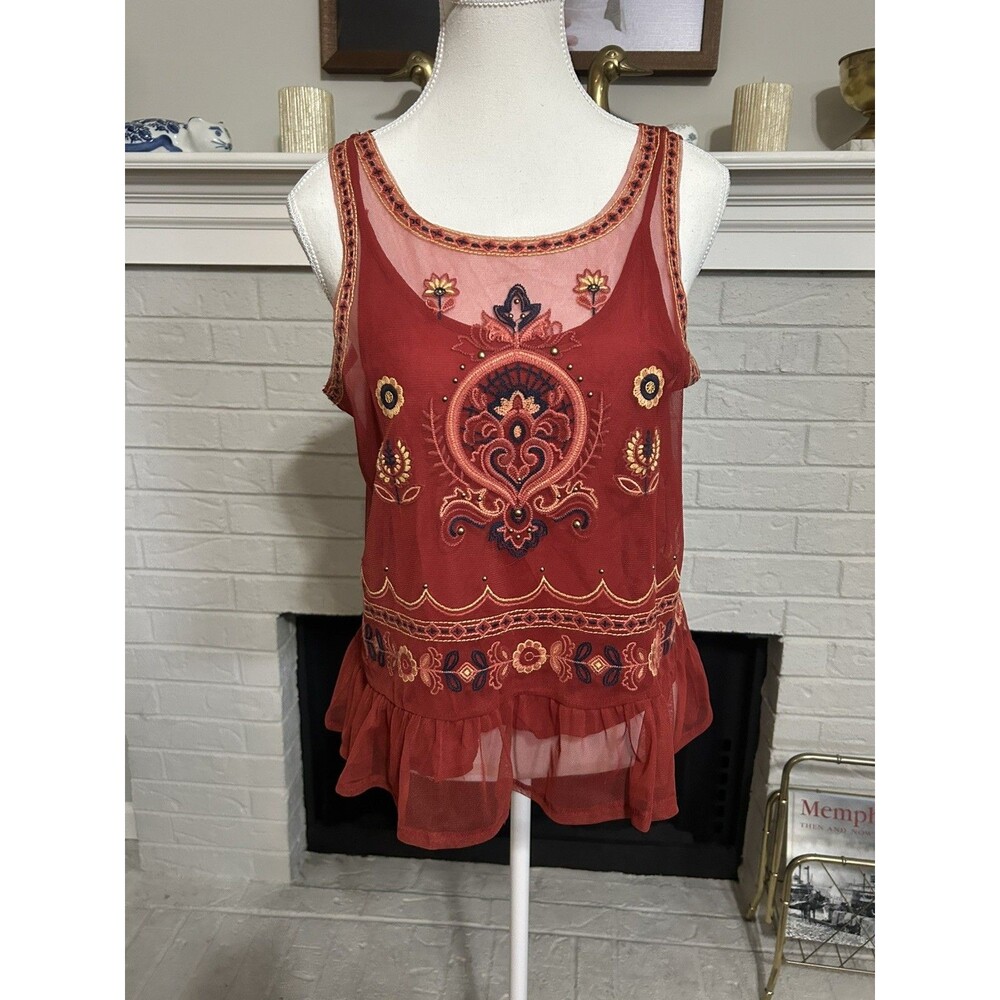Altar'd State M Embroidered Floral Sheer Sleeveless Blouse Boho Burnt Orange